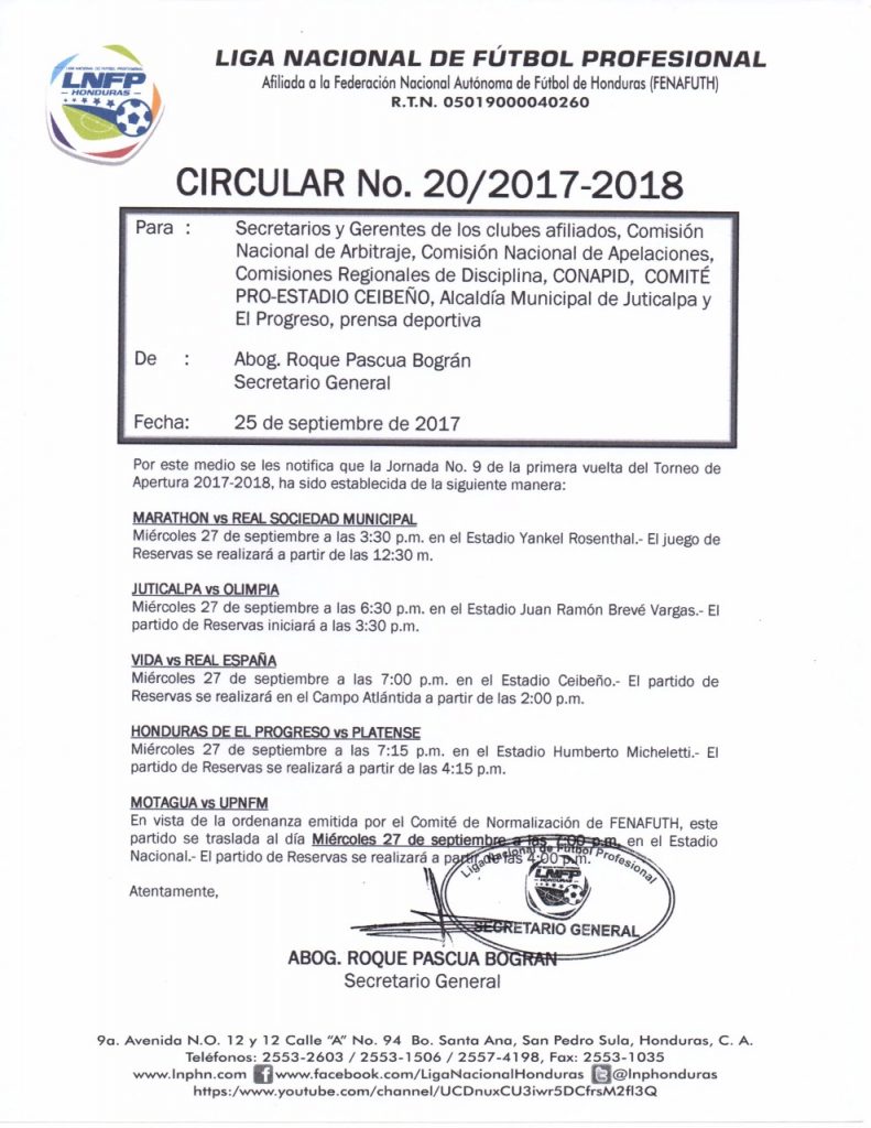 COMUNICADO DE LA LIGA DE HONDURAS