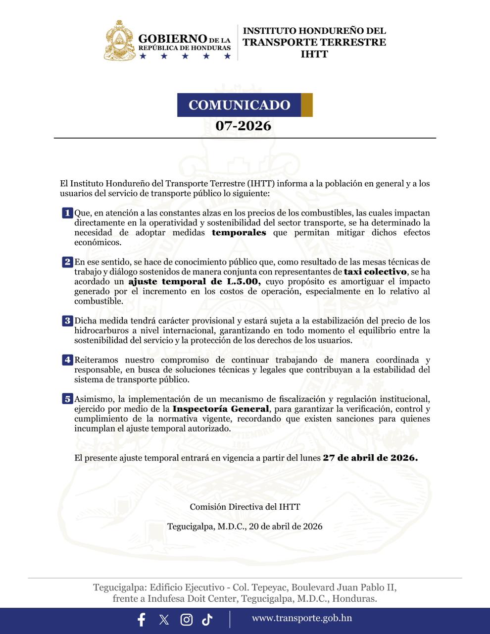 Comunicado oficial del IHTT sobre el aumento al taxi colectivo 