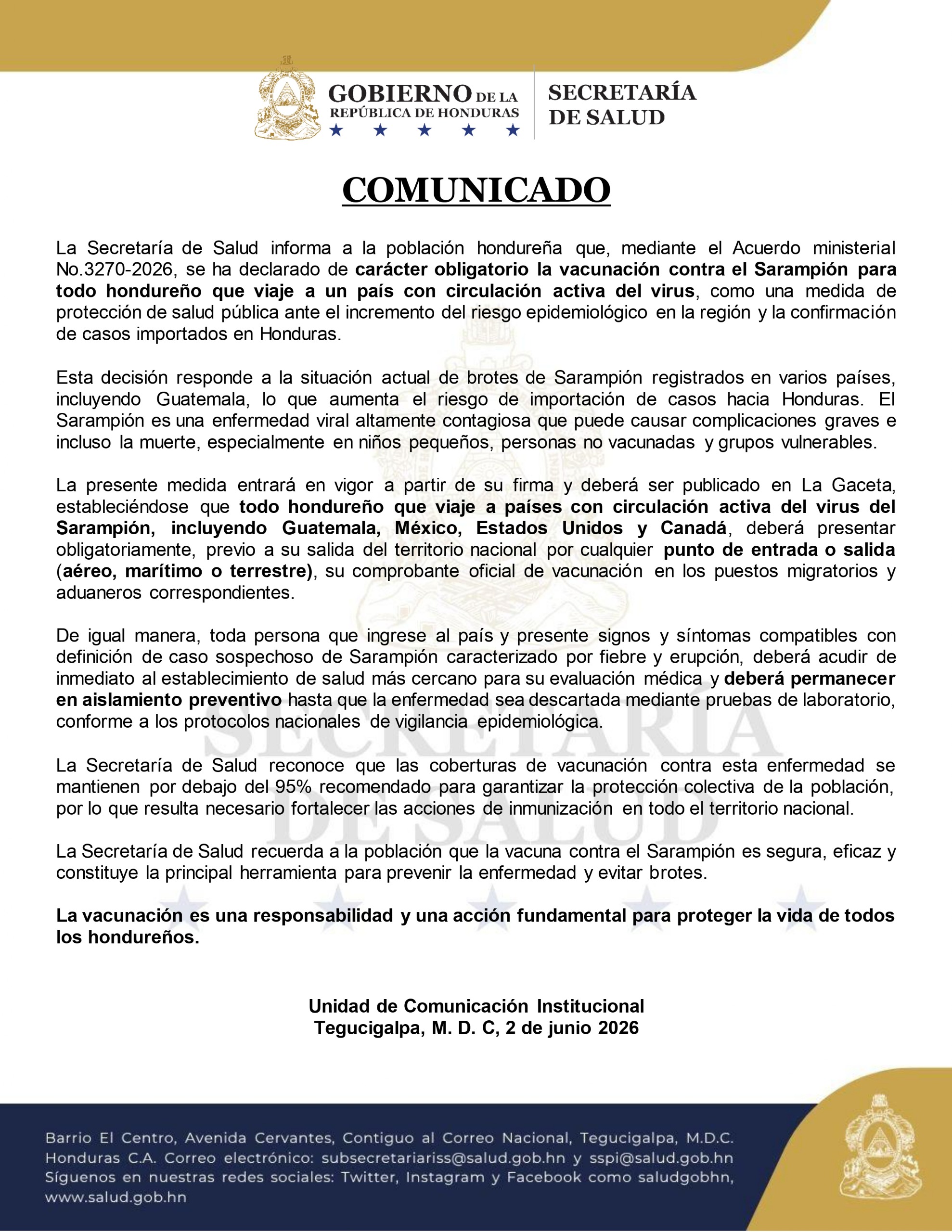 Comunicado oficial de la SecretarÃa de Salud en referencia al sarampión