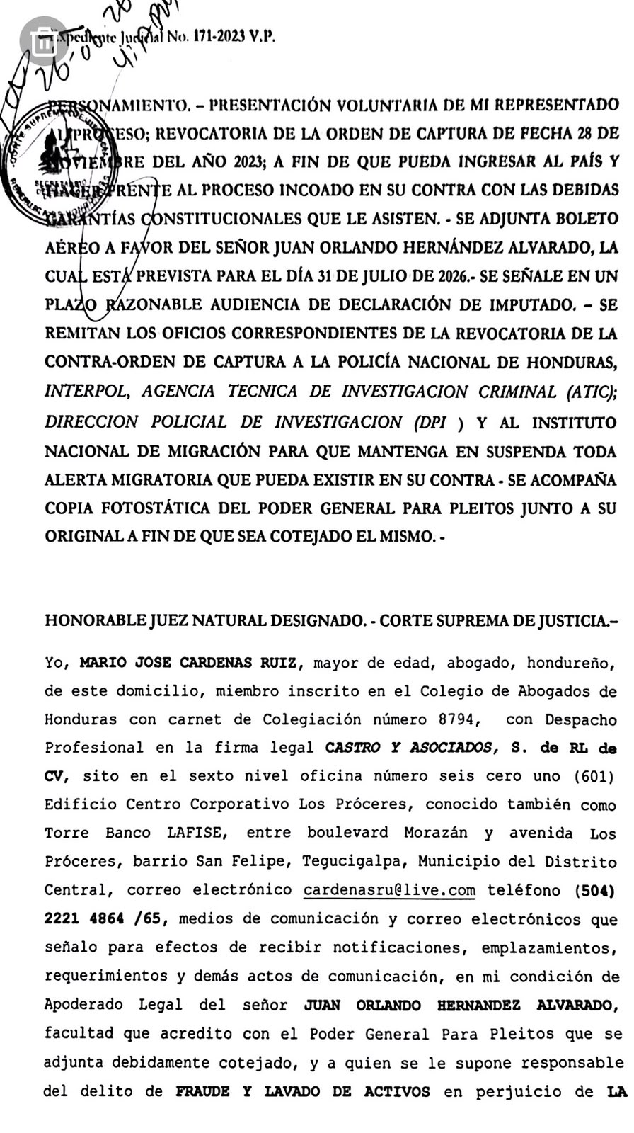 Escrito presentado ante la CSJ